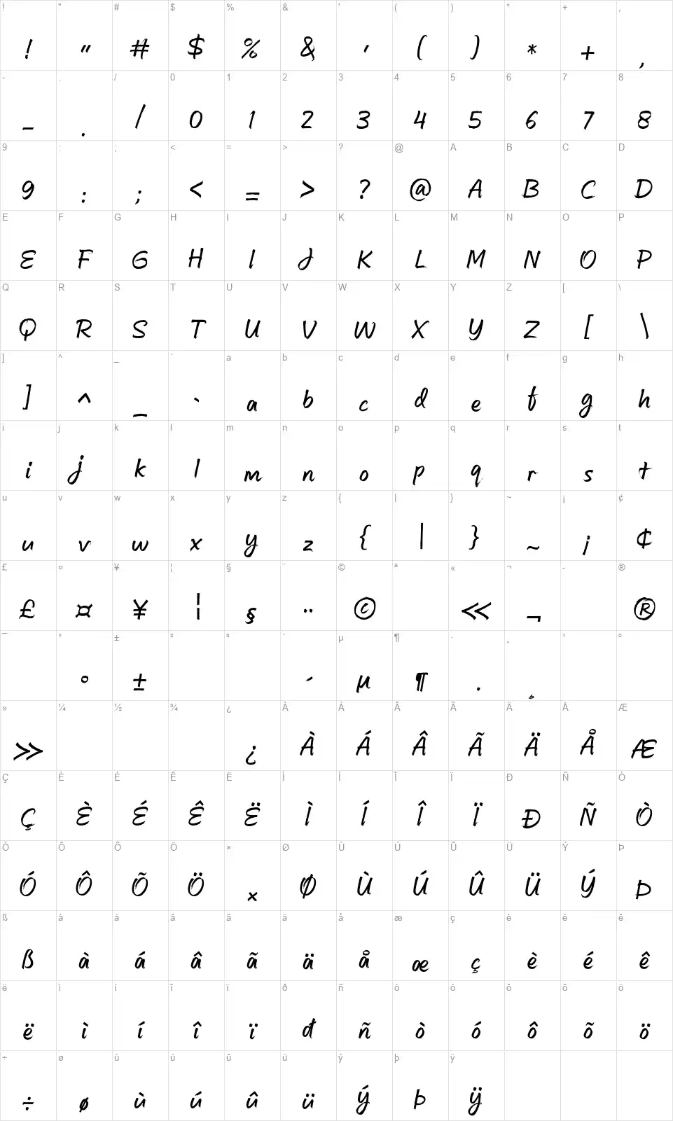 Mufan PFSfont character map