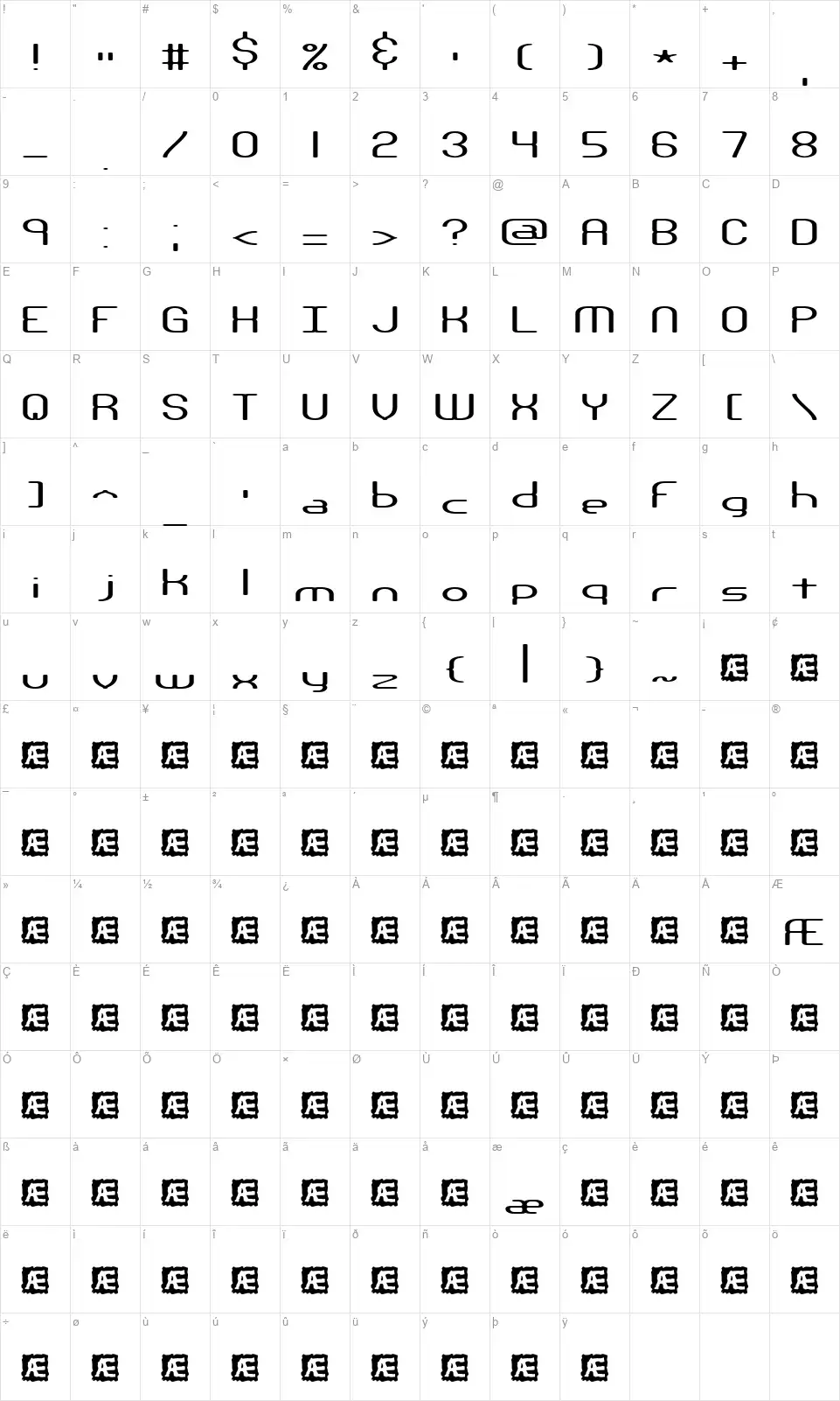 Nanosecondfont character map