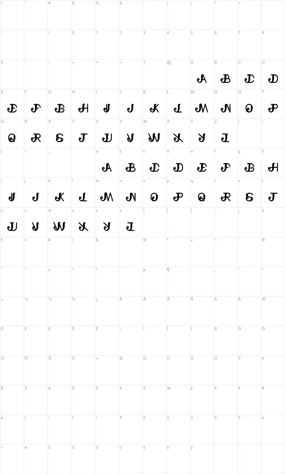 Natural Beautyfont character map
