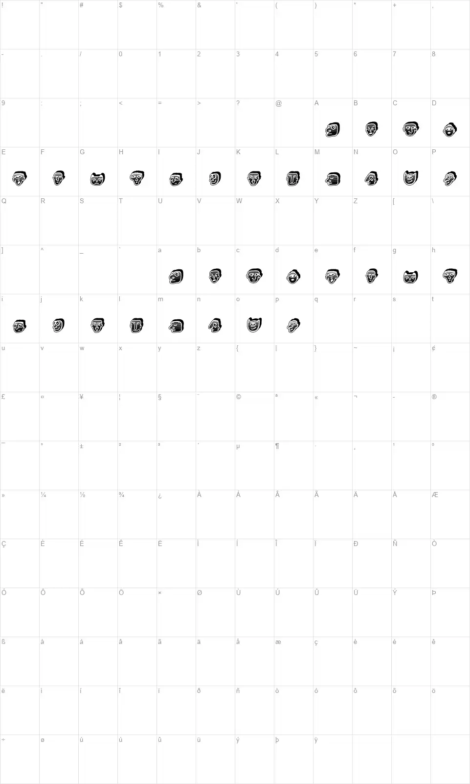 Negative Headsfont character map