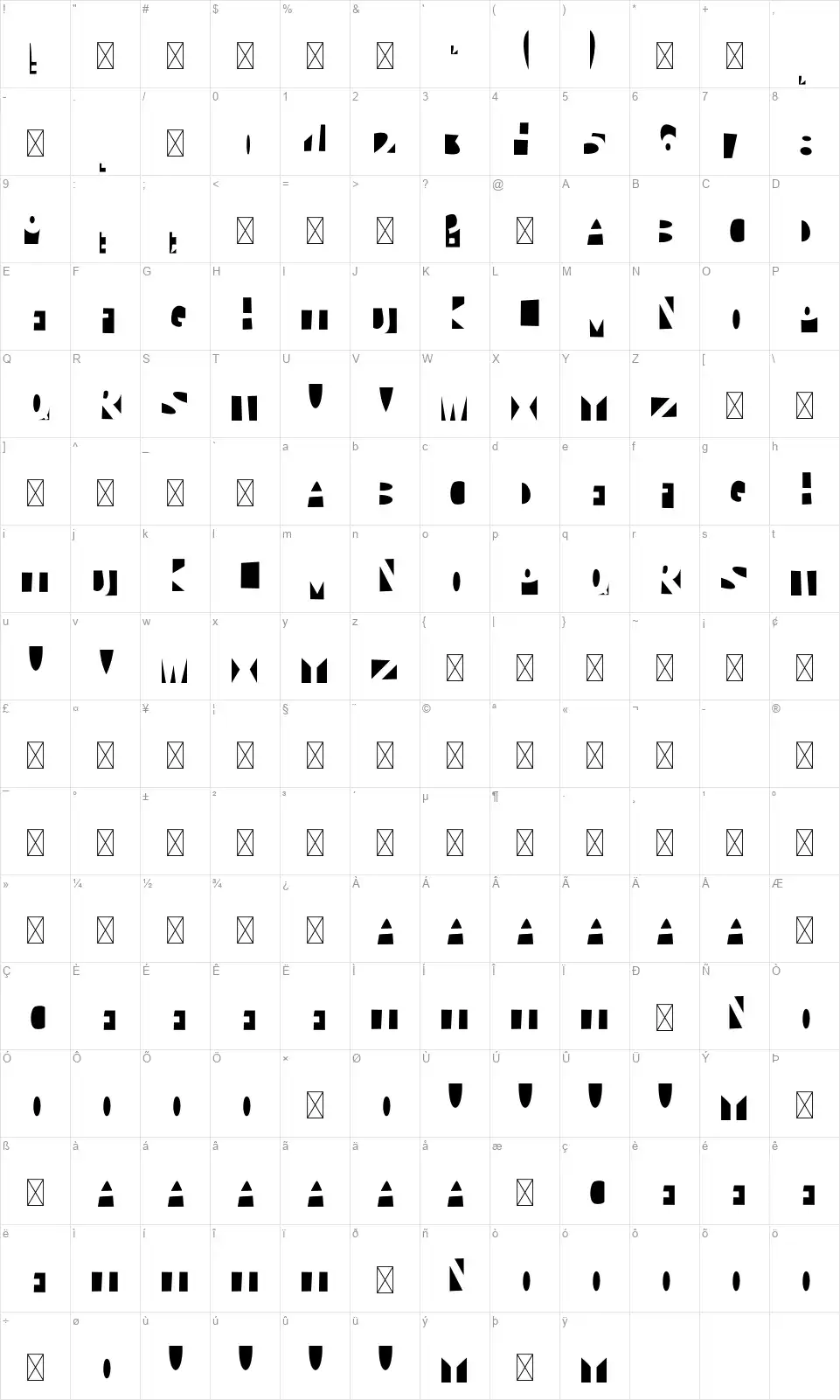 Negatively Positivefont character map