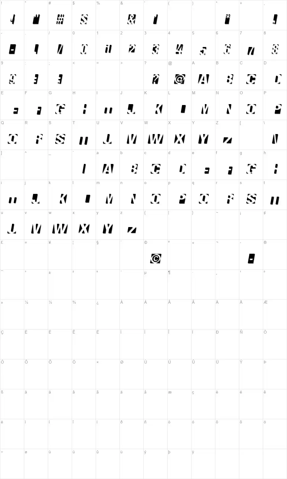 Negatronfont character map