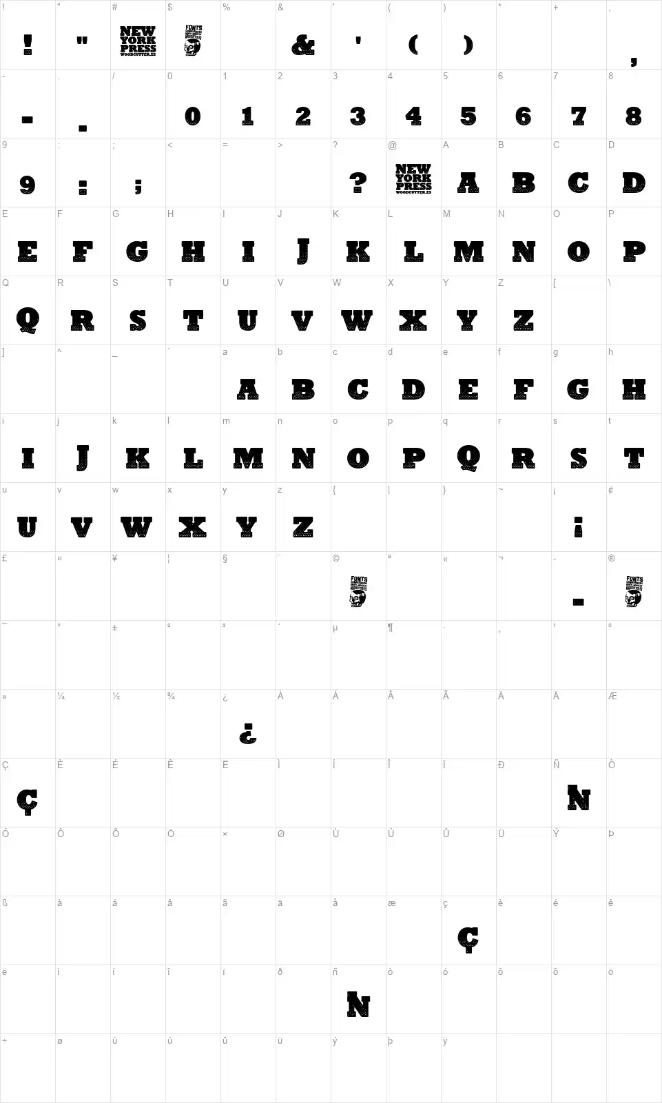 New York Pressfont character map