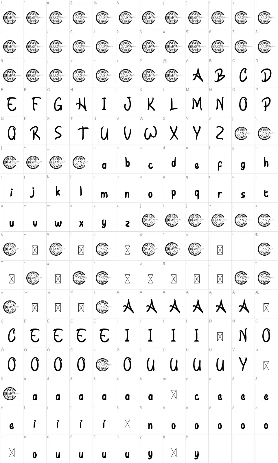 Newryfont character map