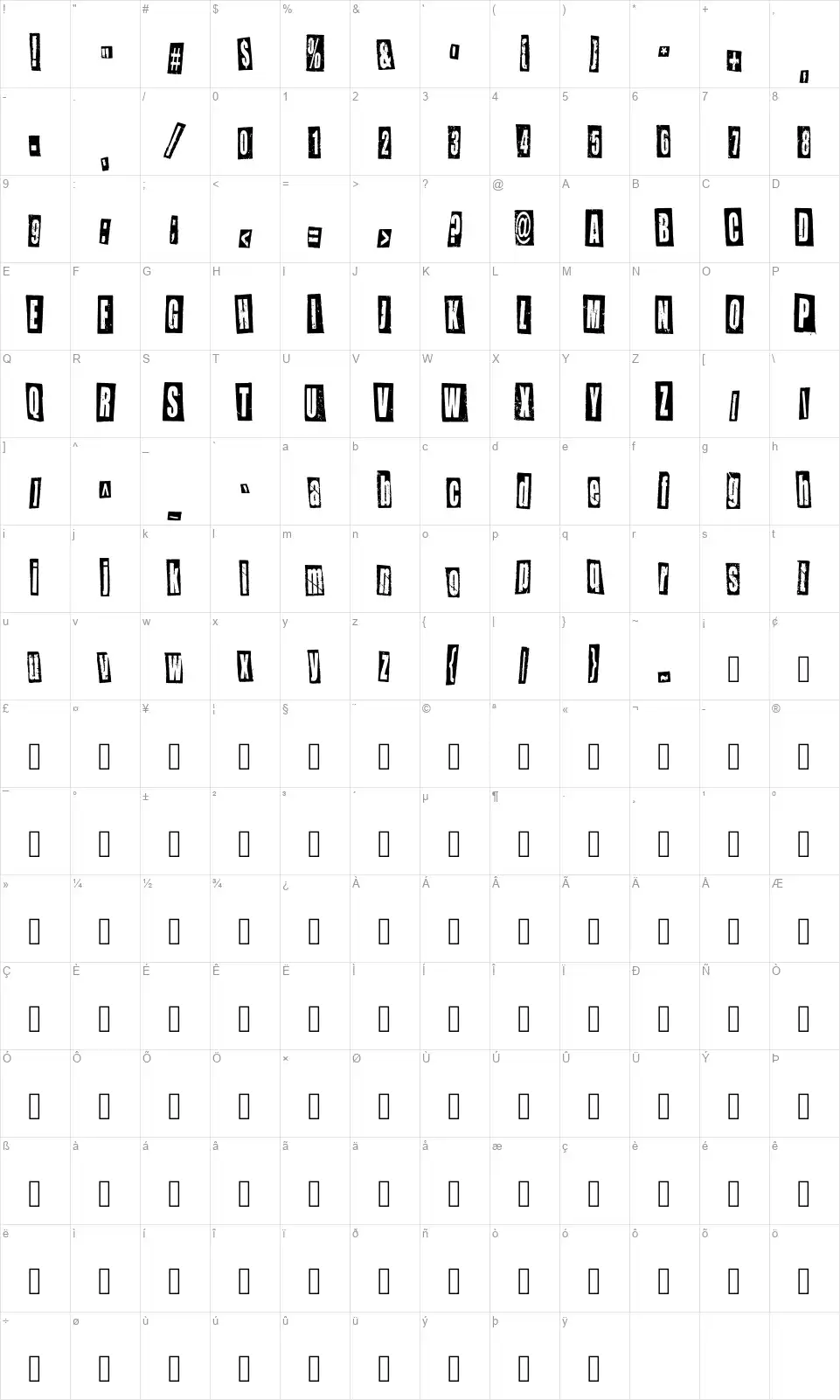 Newspaper Cutout White On Blackfont character map