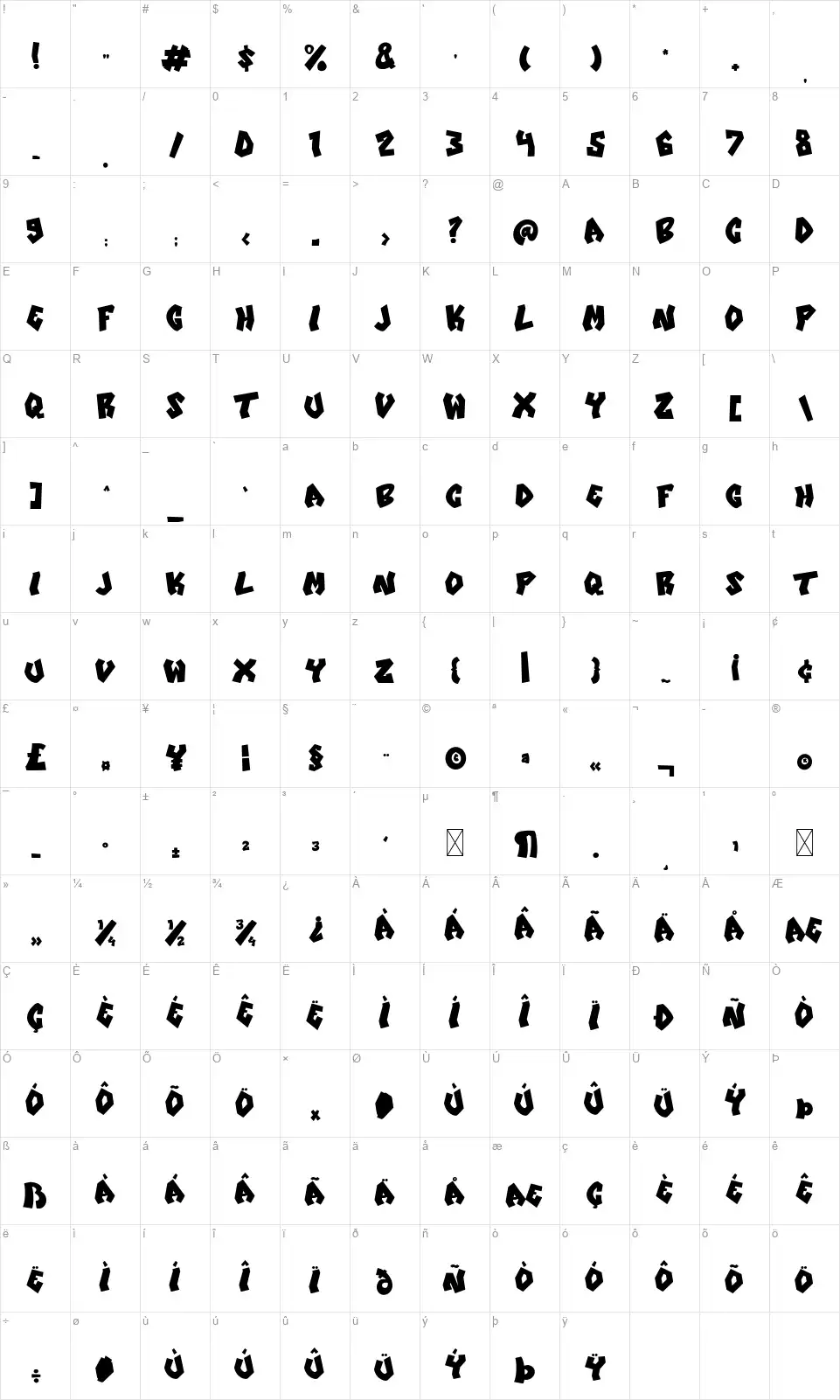 Night Fashionfont character map