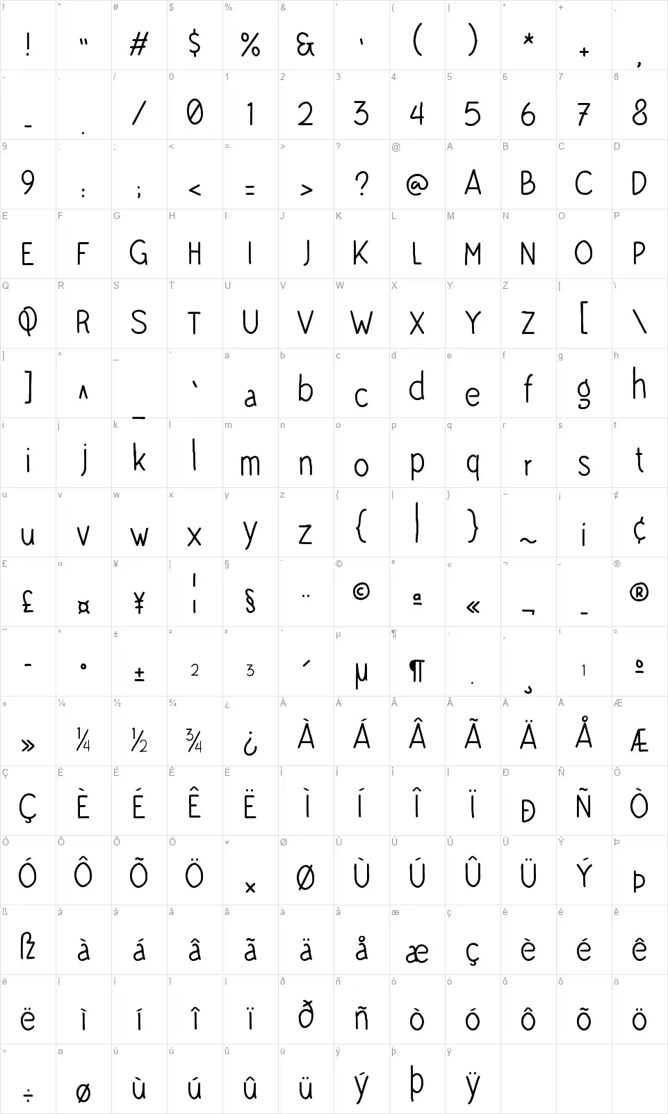 Niko Curtfont character map