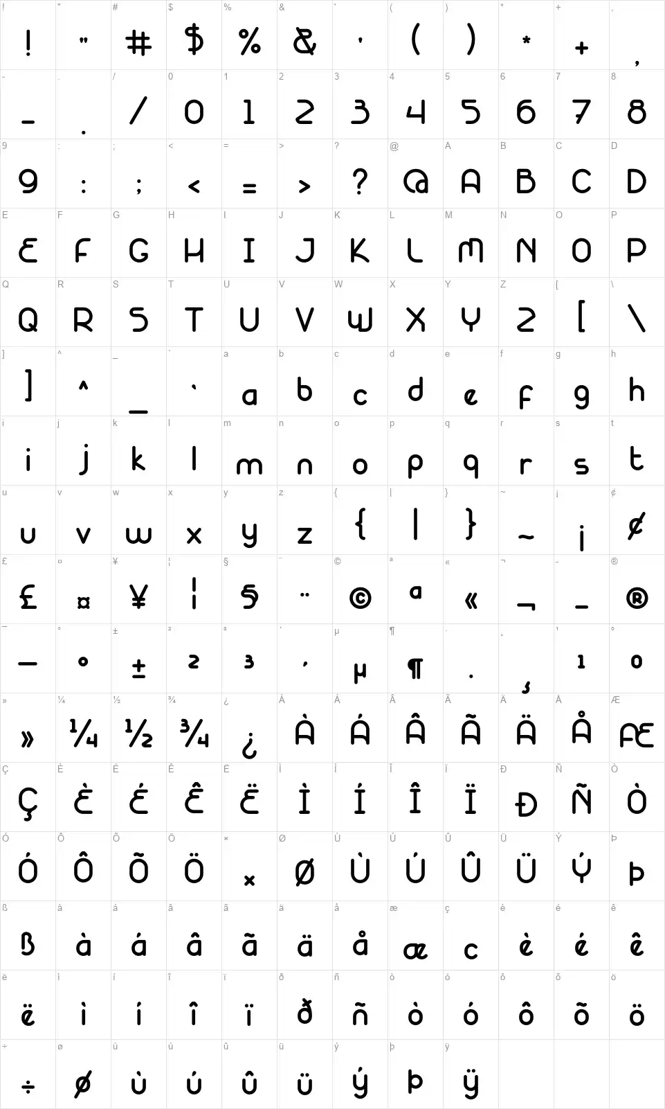 Nodelinesfont character map