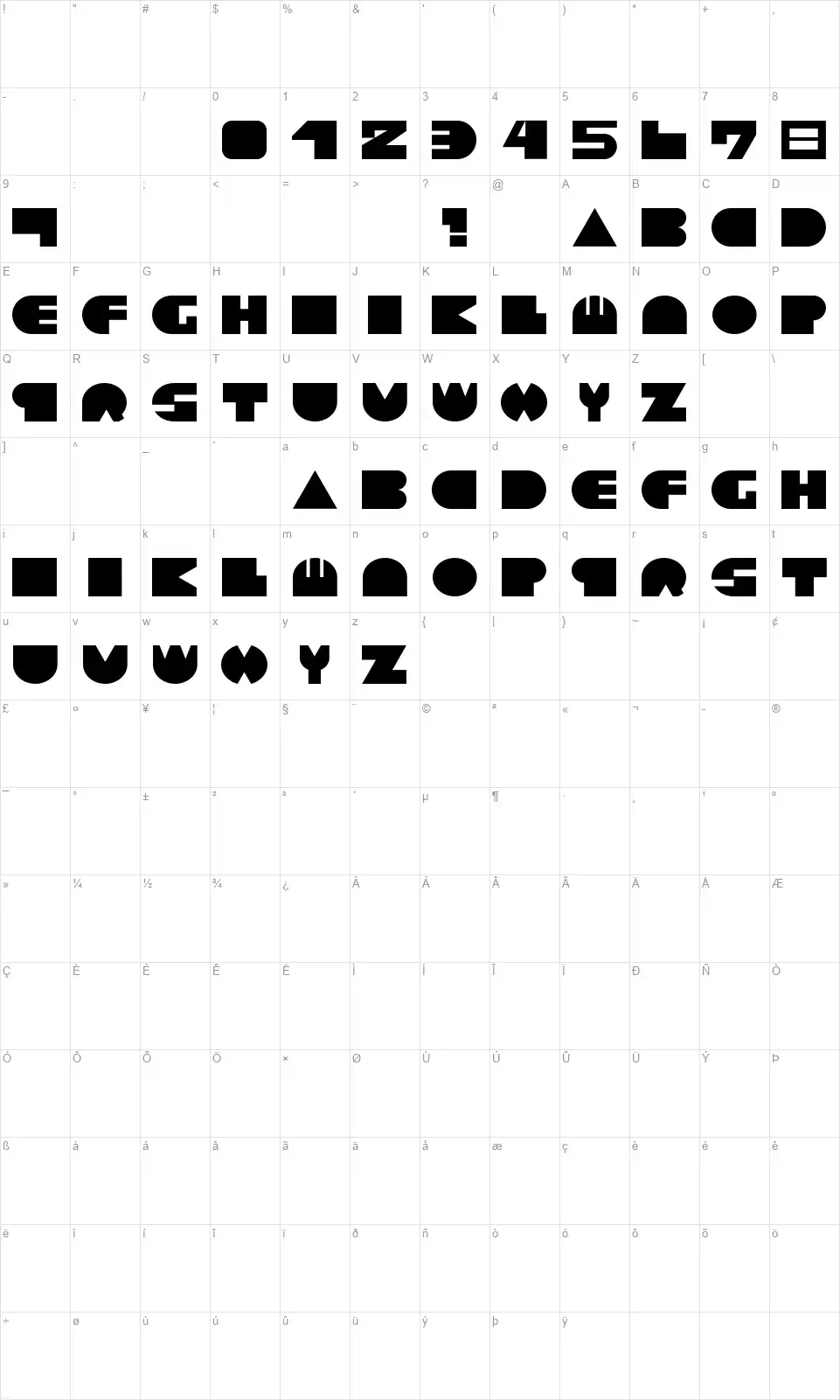 Noted V1font character map