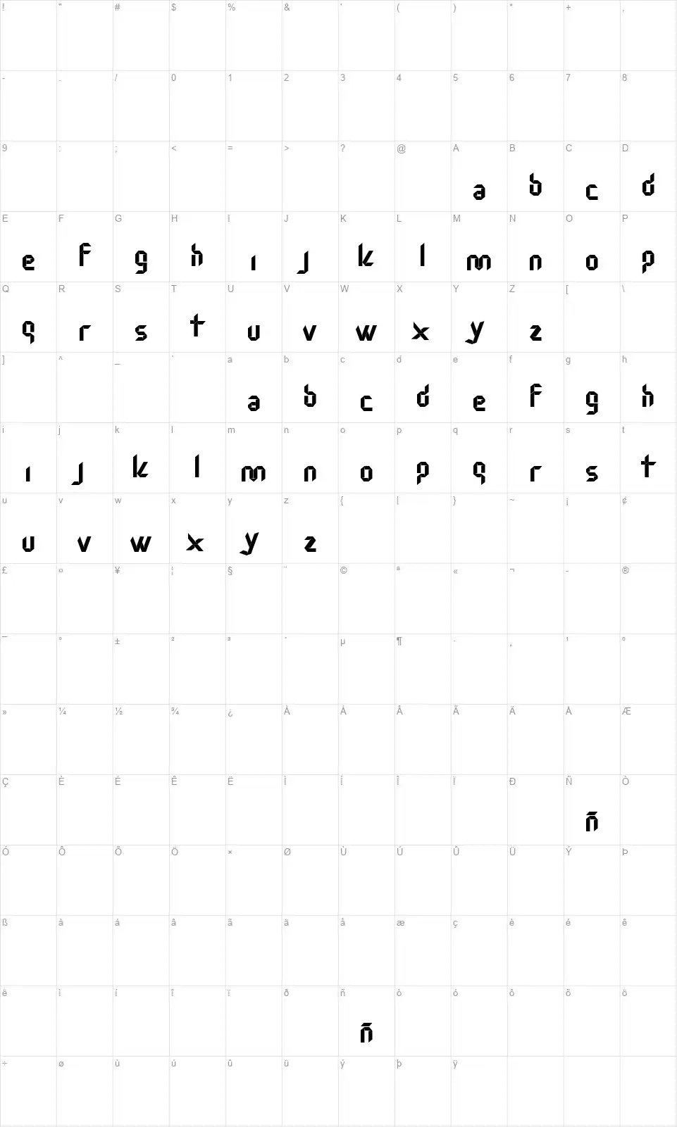 Nudofont character map