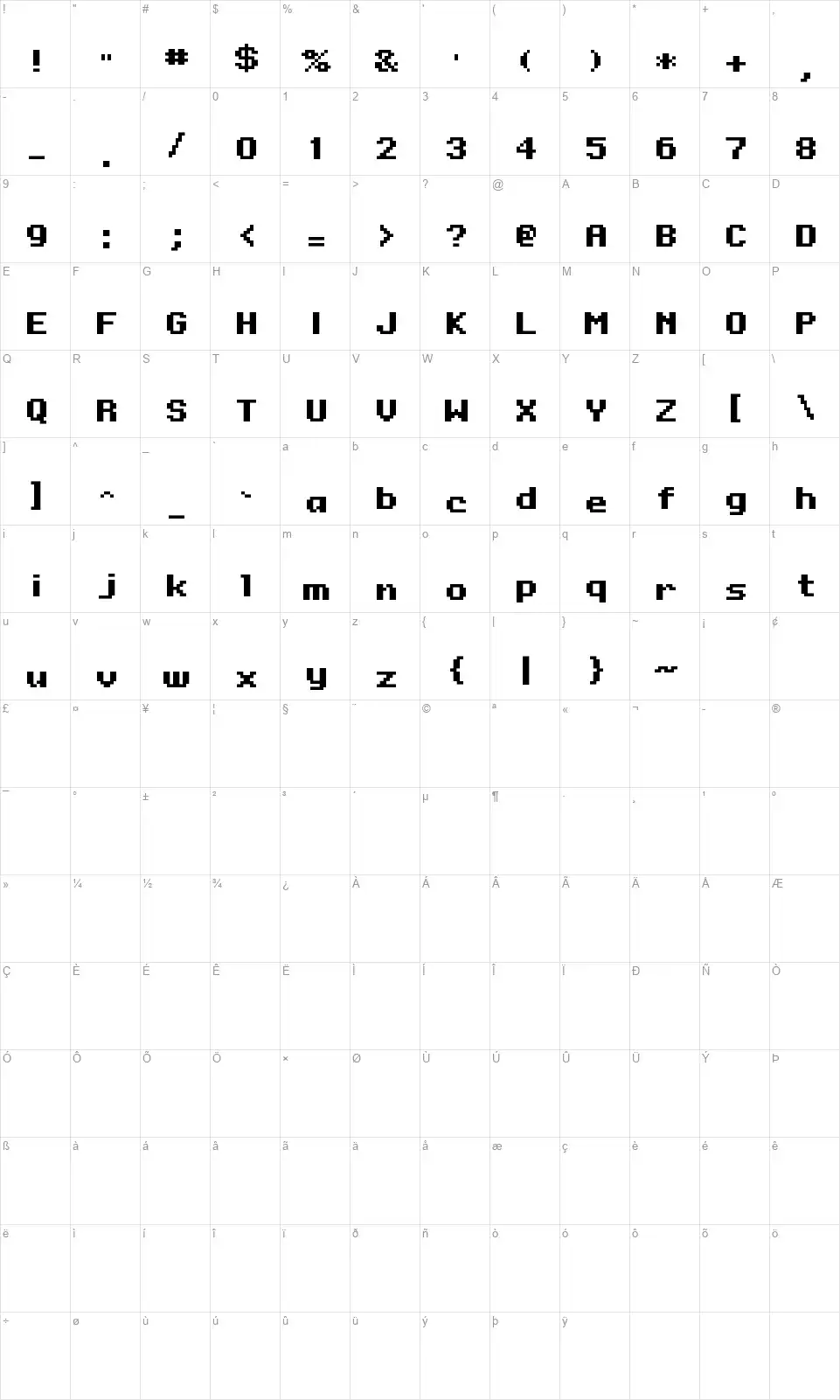 Onesizefont character map