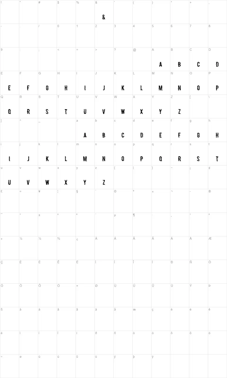 P&Ffont character map