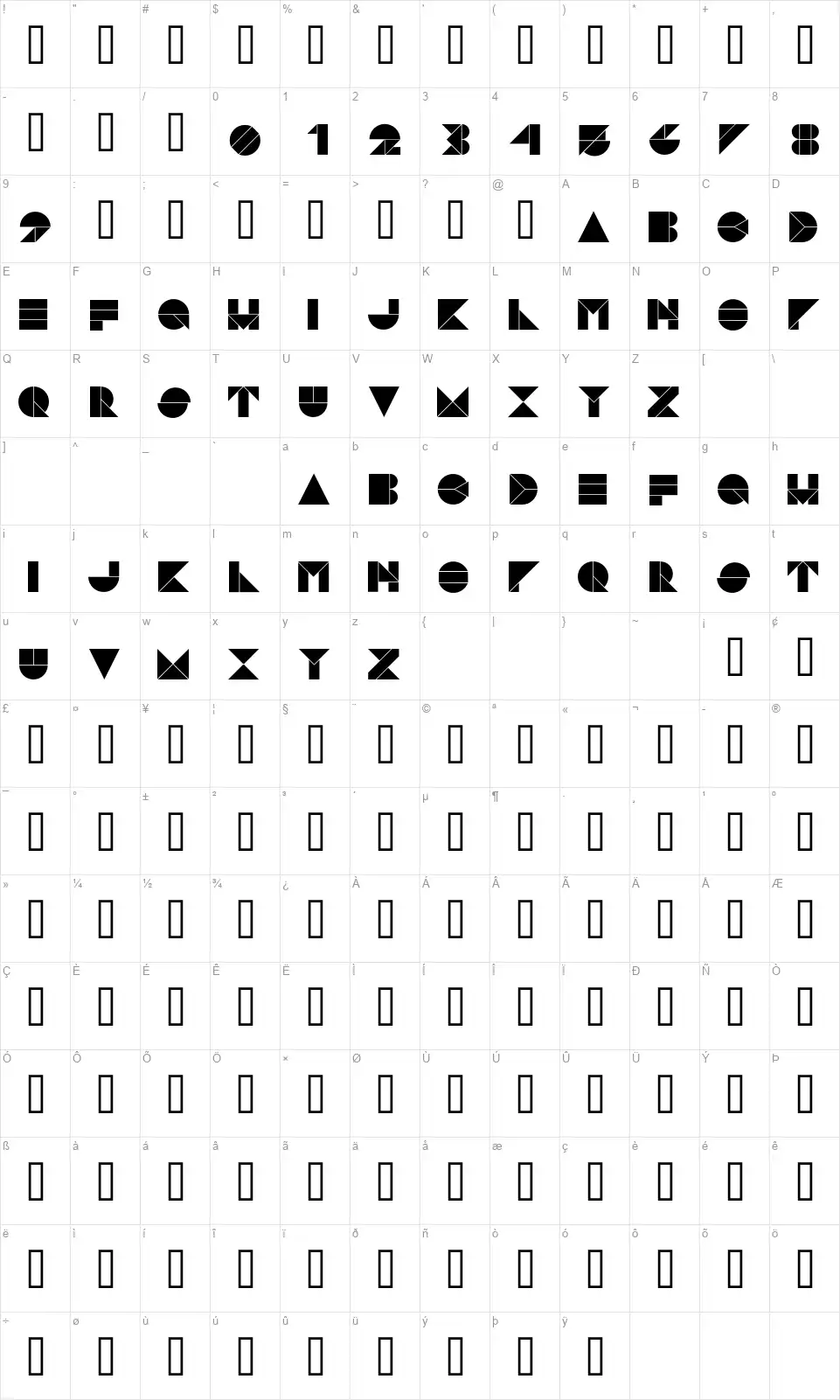Pangraphfont character map