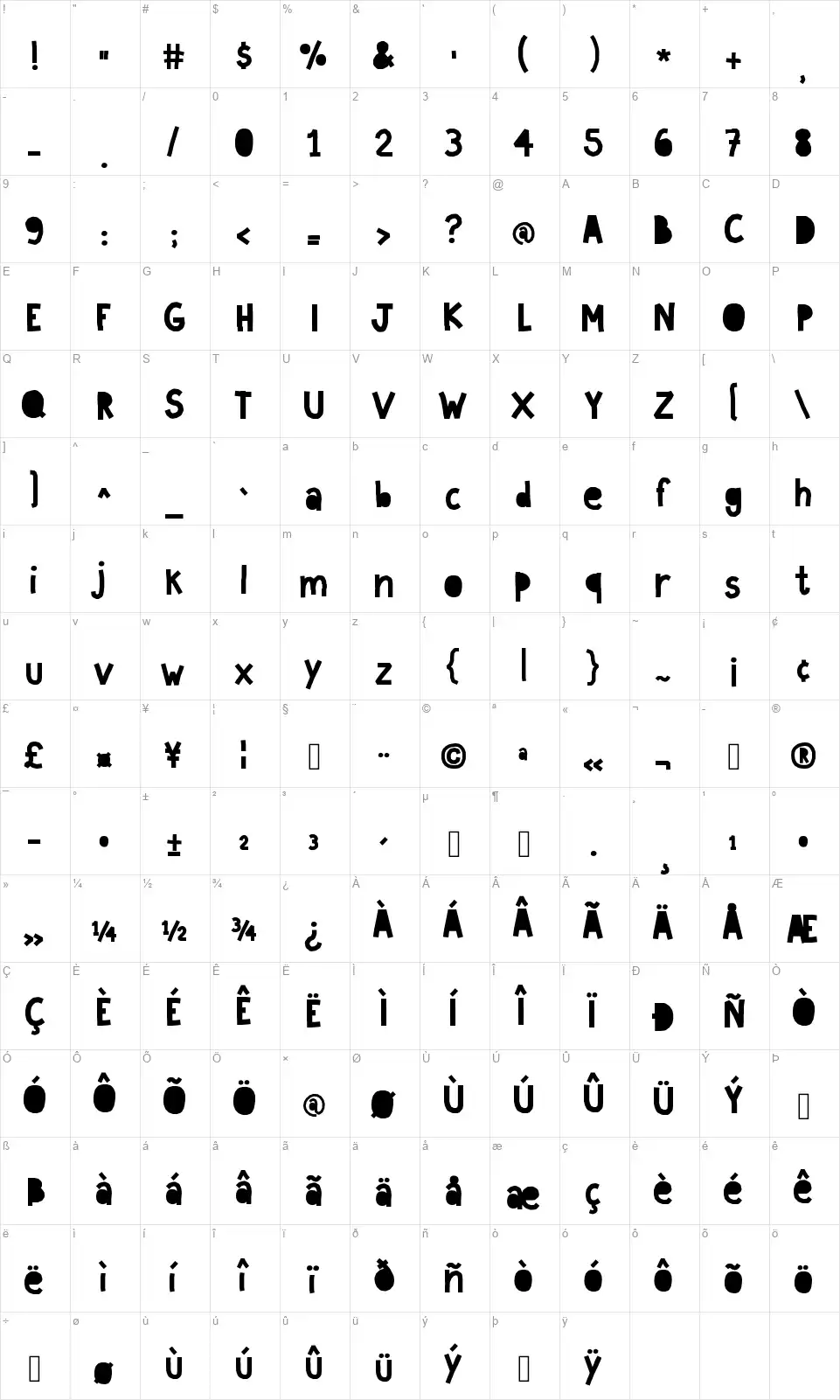 Paperlandfont character map