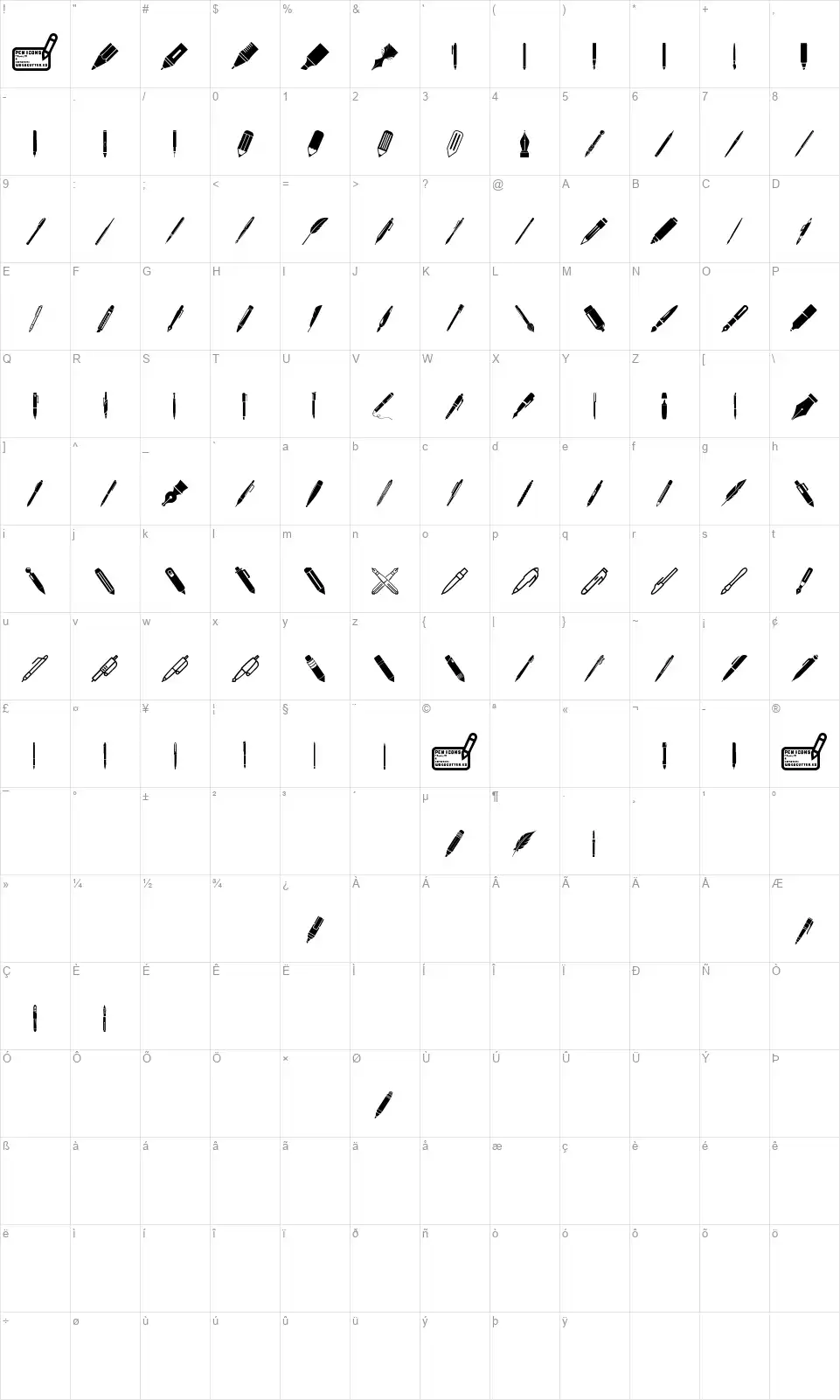 Pen Iconsfont character map