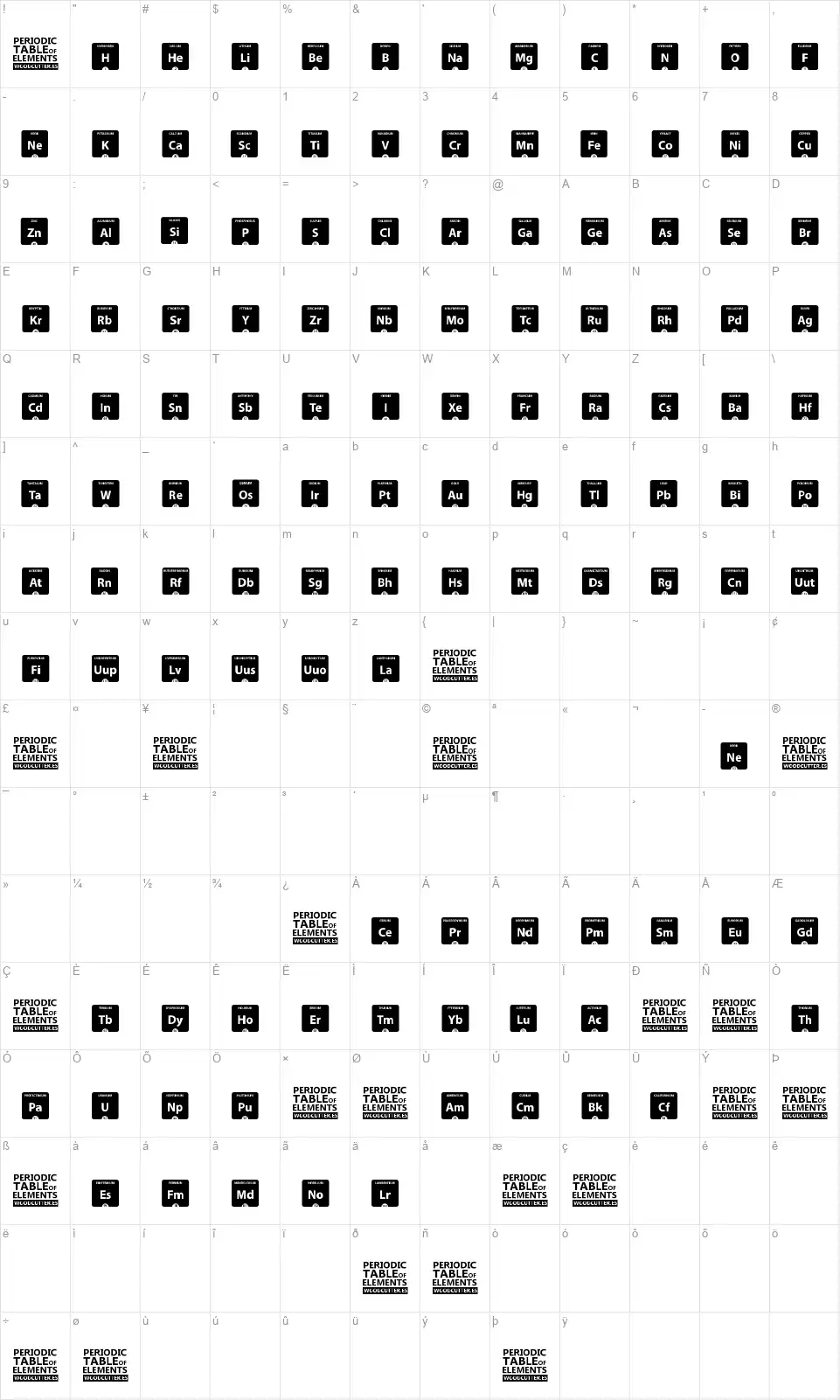 Periodic Table of Elementsfont character map