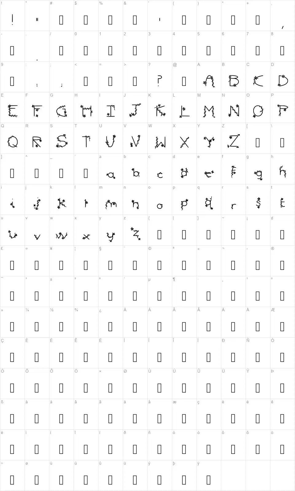Petals And Vinesfont character map