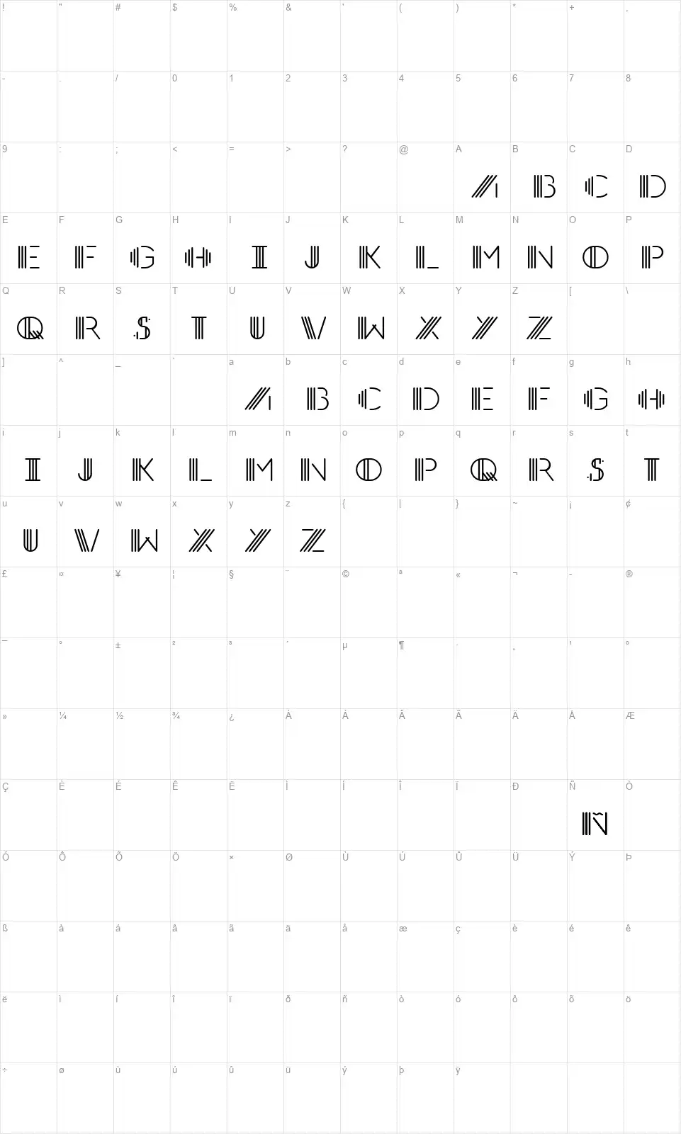 PhotoCab Displayfont character map