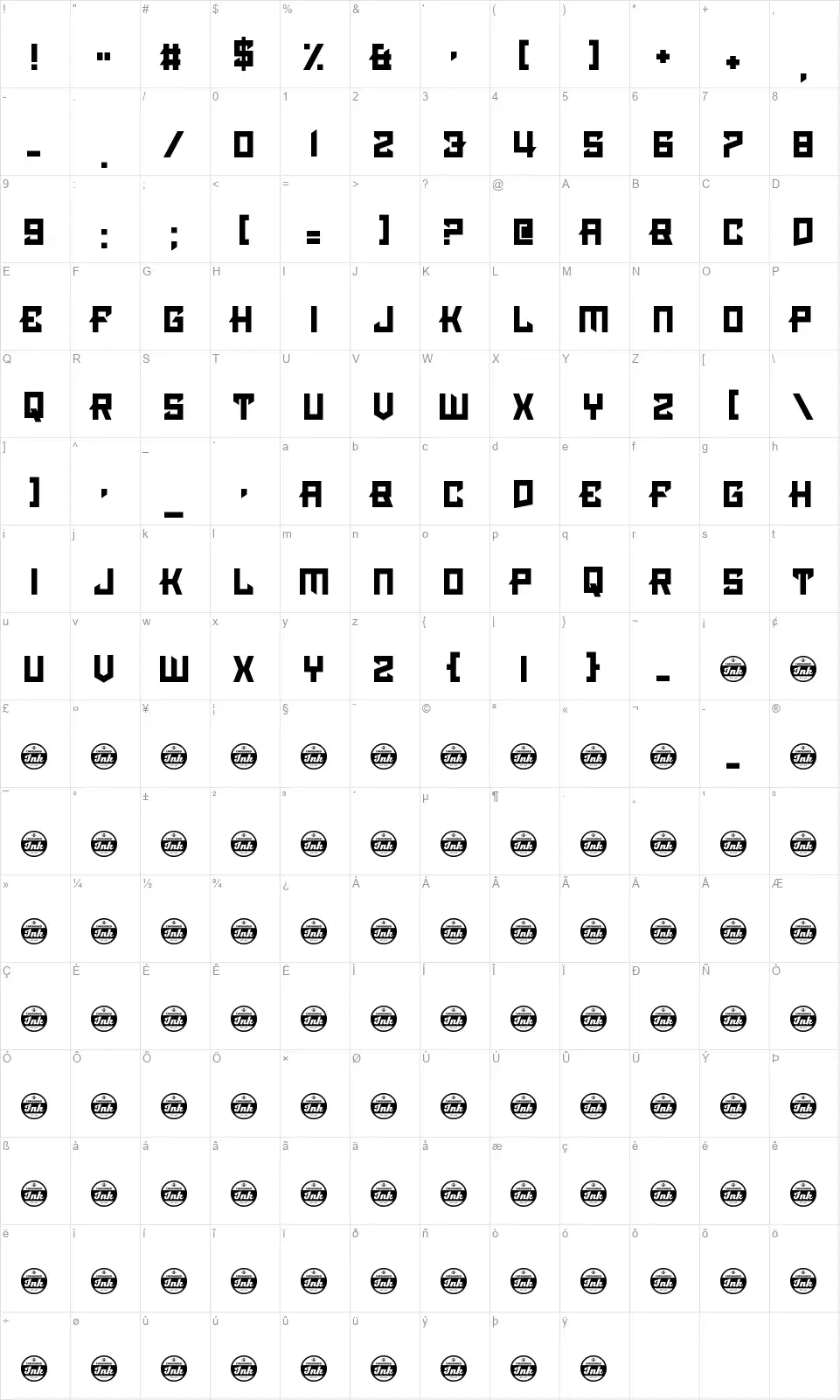 Pimlicofont character map