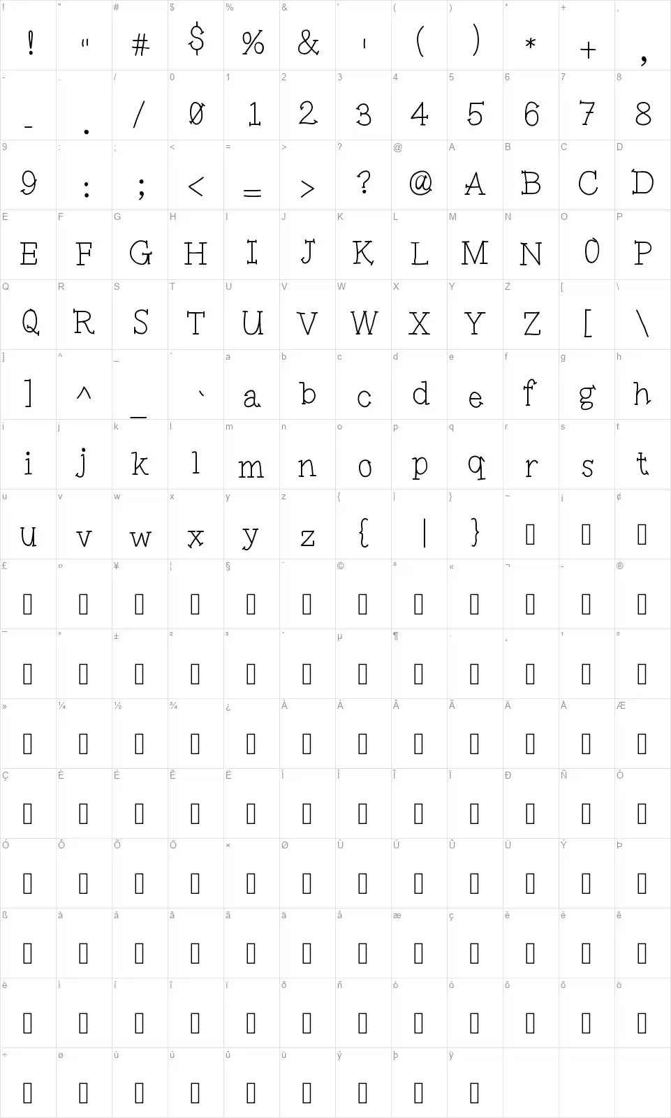 Pinwheelfont character map