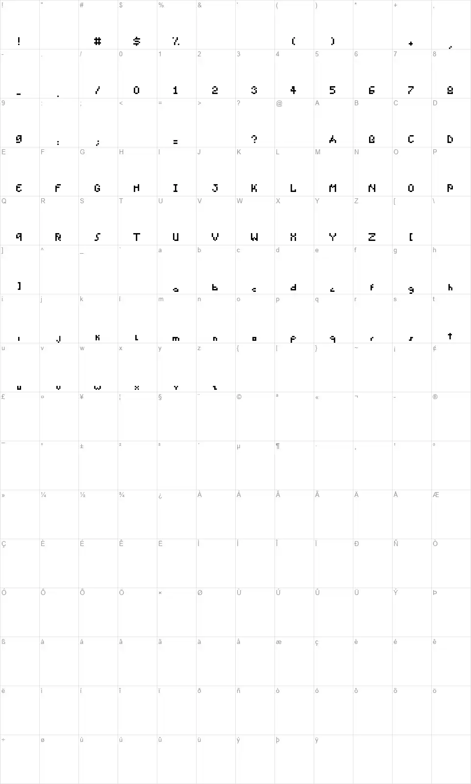 Pixel Fontinhafont character map
