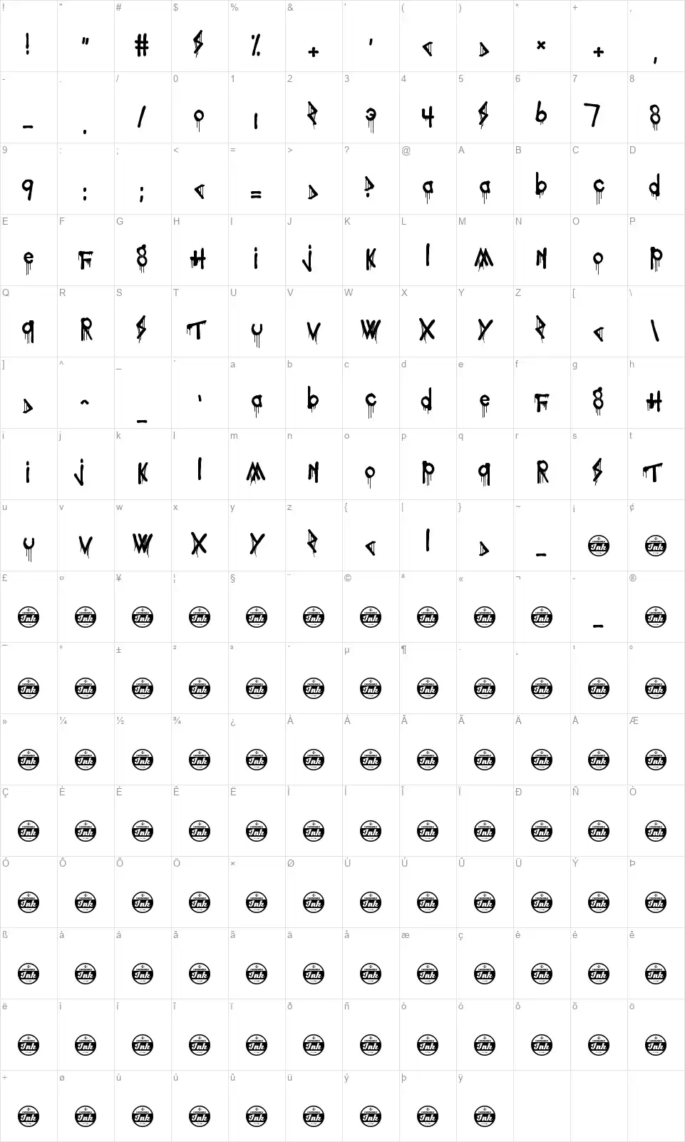 Poisoned Paradigmfont character map