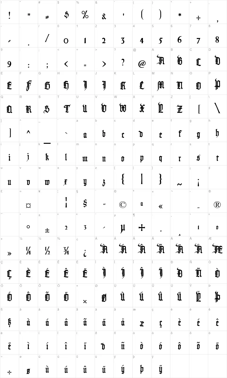 Pommern Gotischfont character map