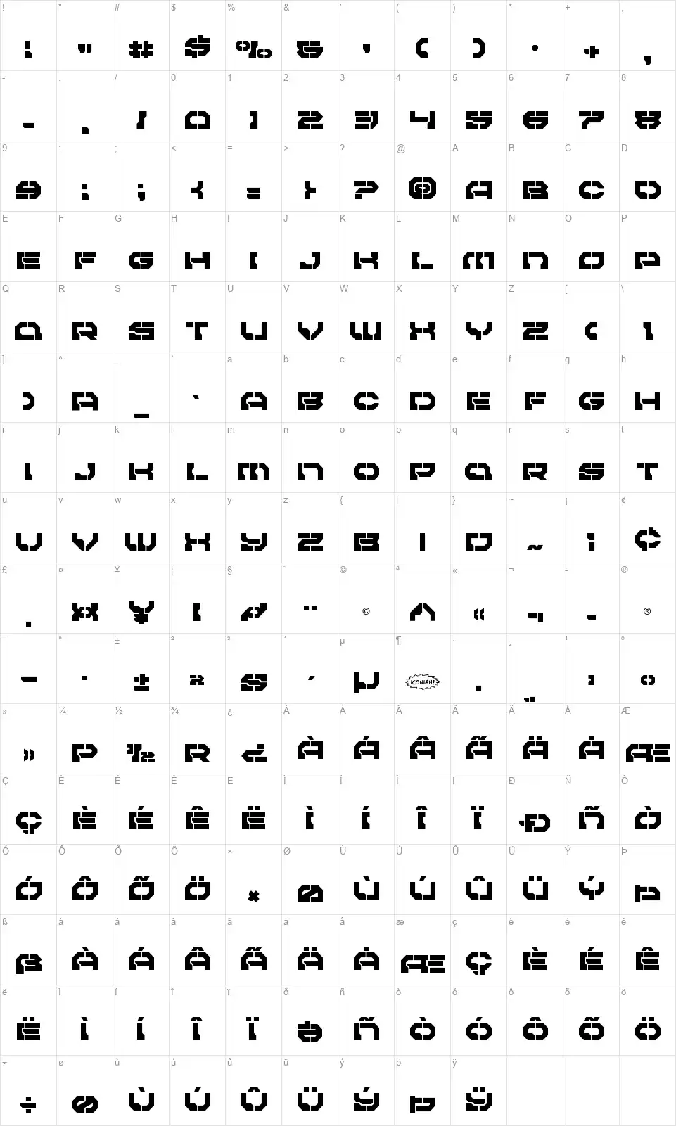Pulsar Classfont character map