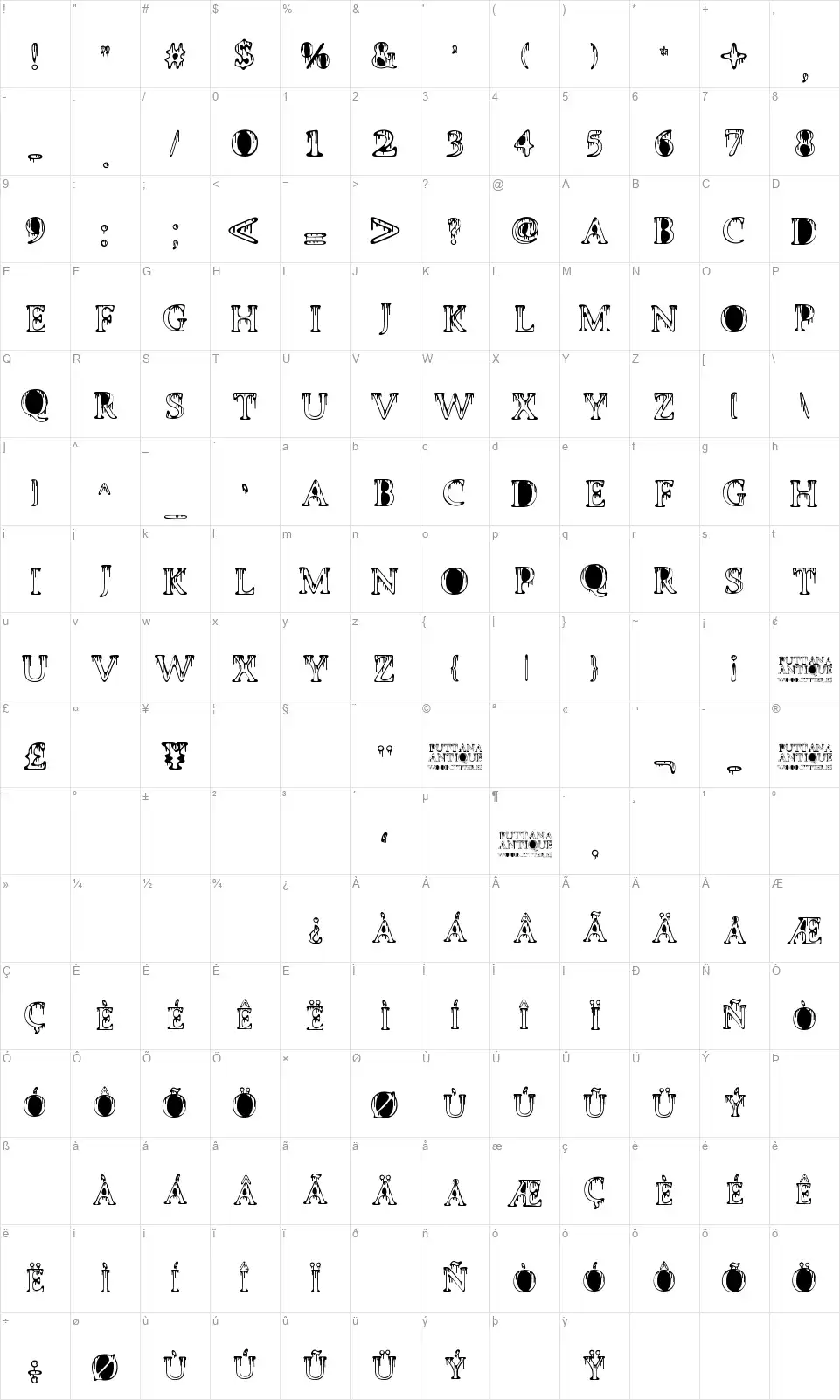 Puttana Antiquefont character map