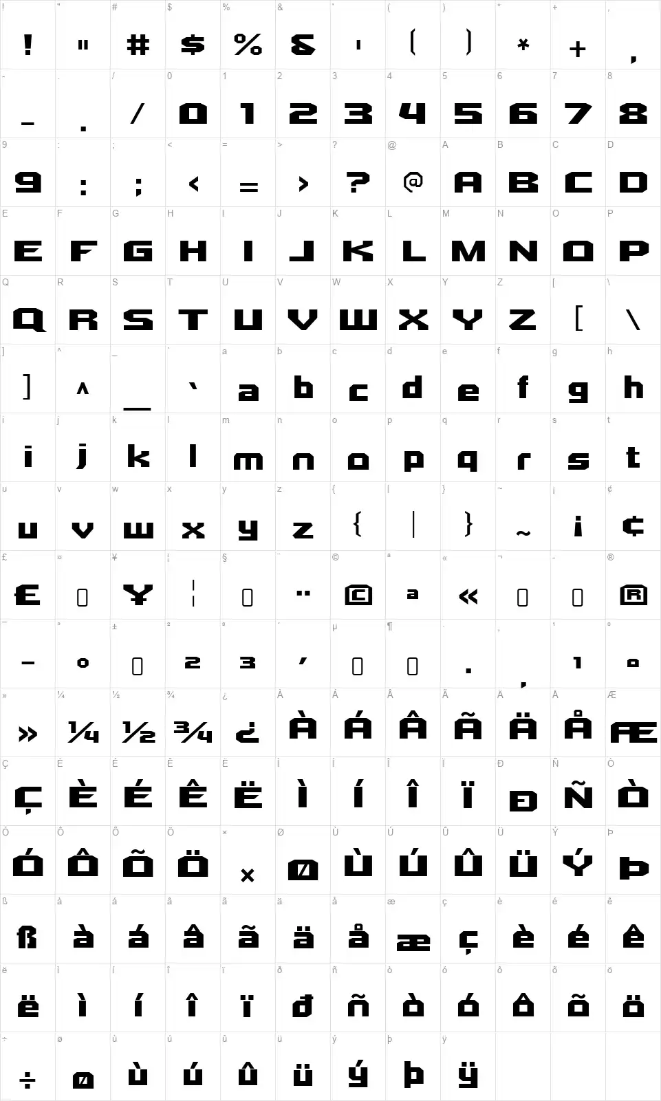 Quadrangle-Regularfont character map