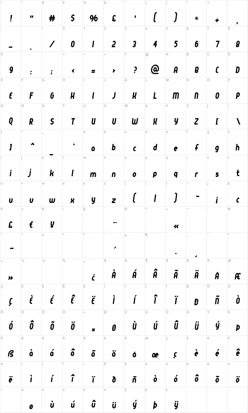 Queer Streetfont character map