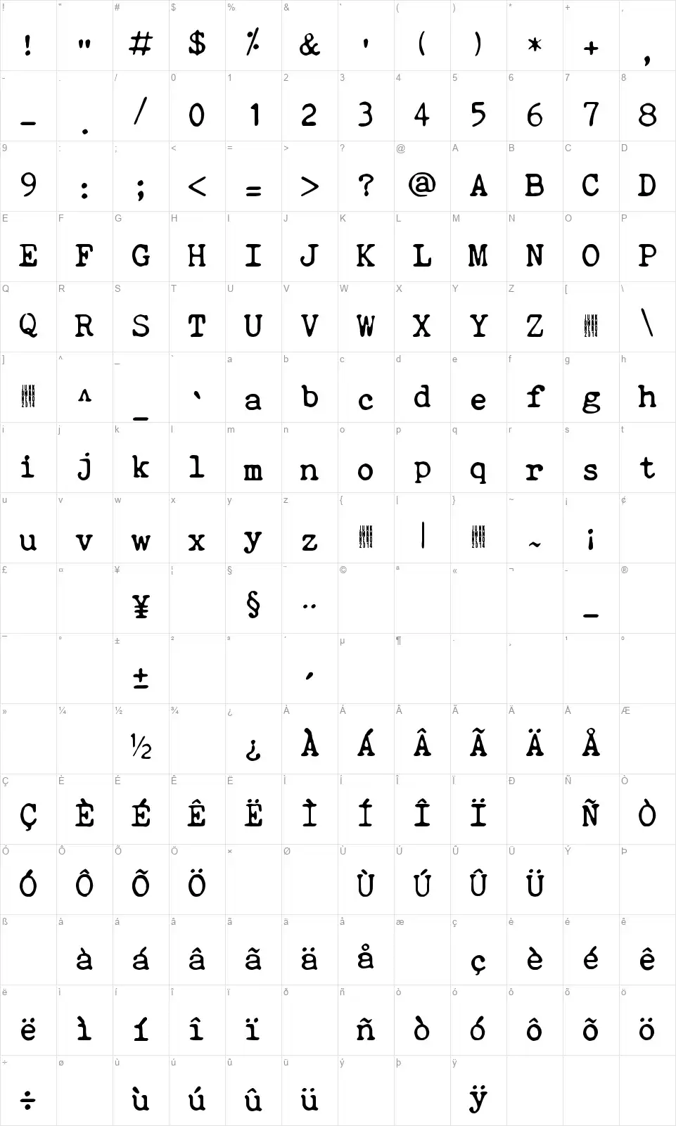 Quiet Eveningfont character map