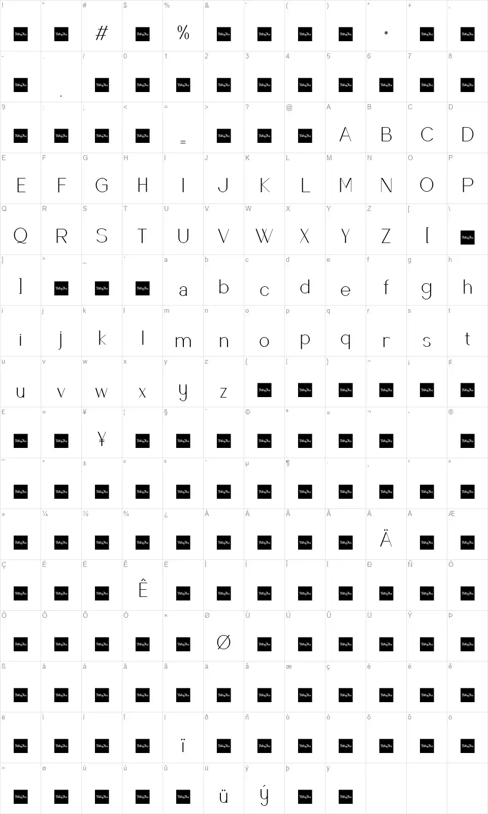 Raccosettafont character map
