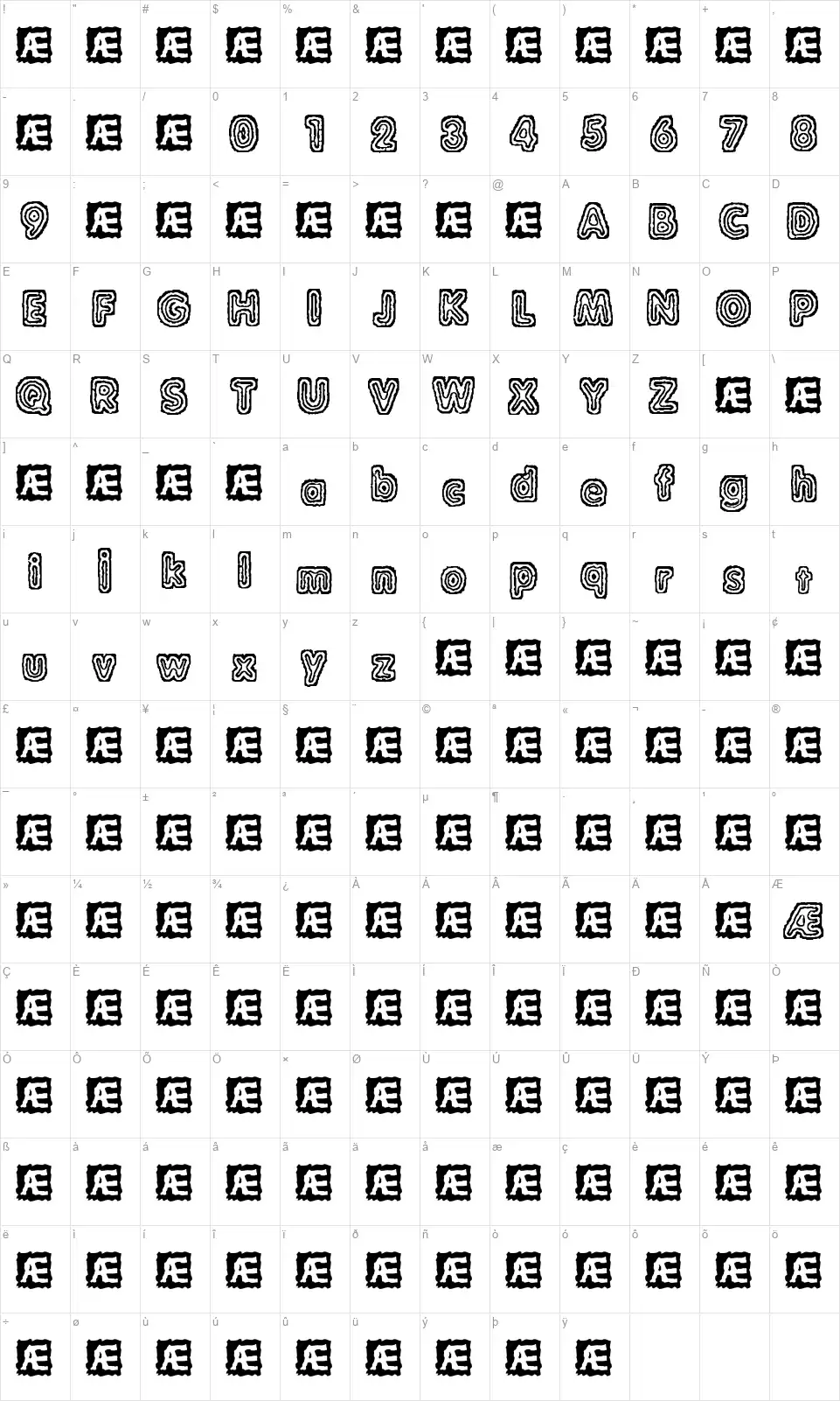Raydiate BRKfont character map