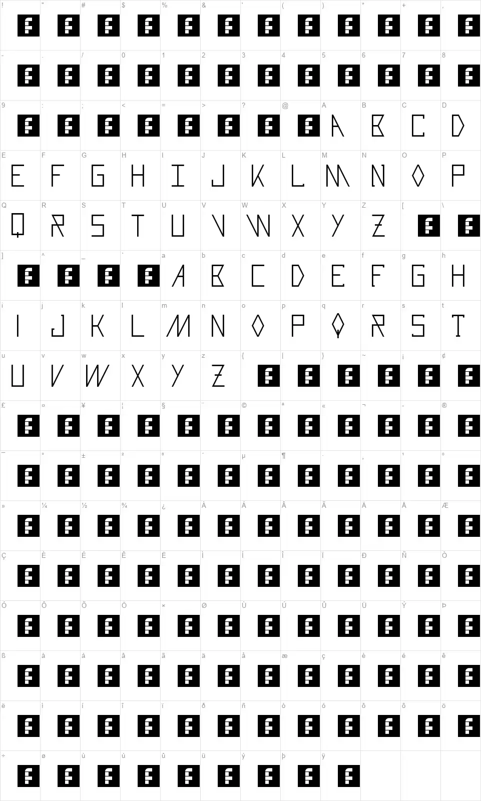 Razorbladefont character map