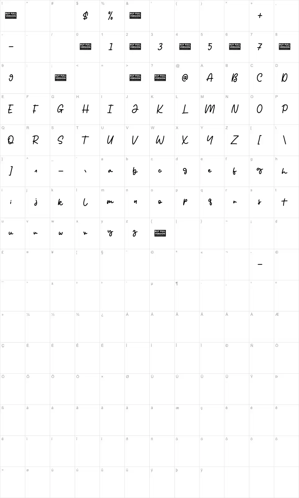 Reileight Winterlanefont character map