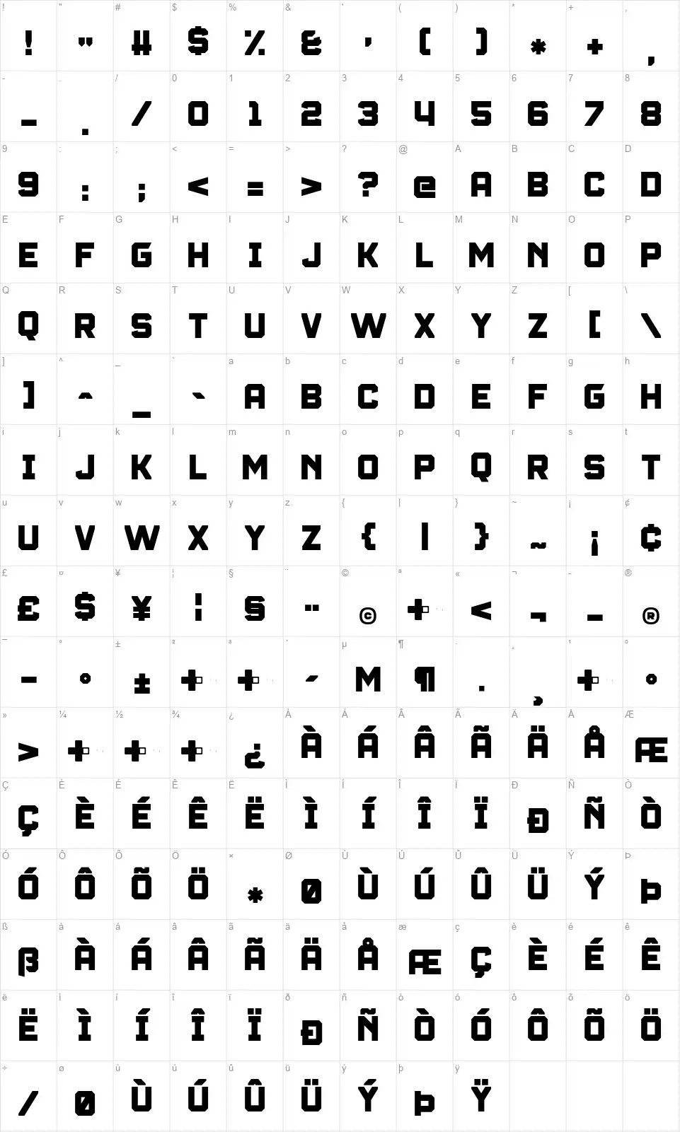 Renegade Pursuitfont character map