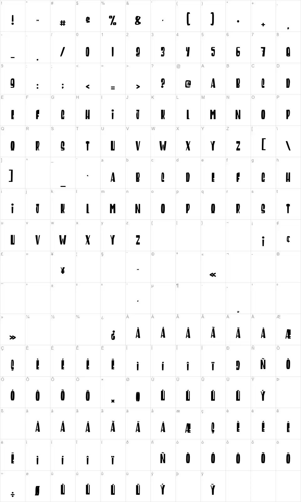 Return of the Gunfighterfont character map