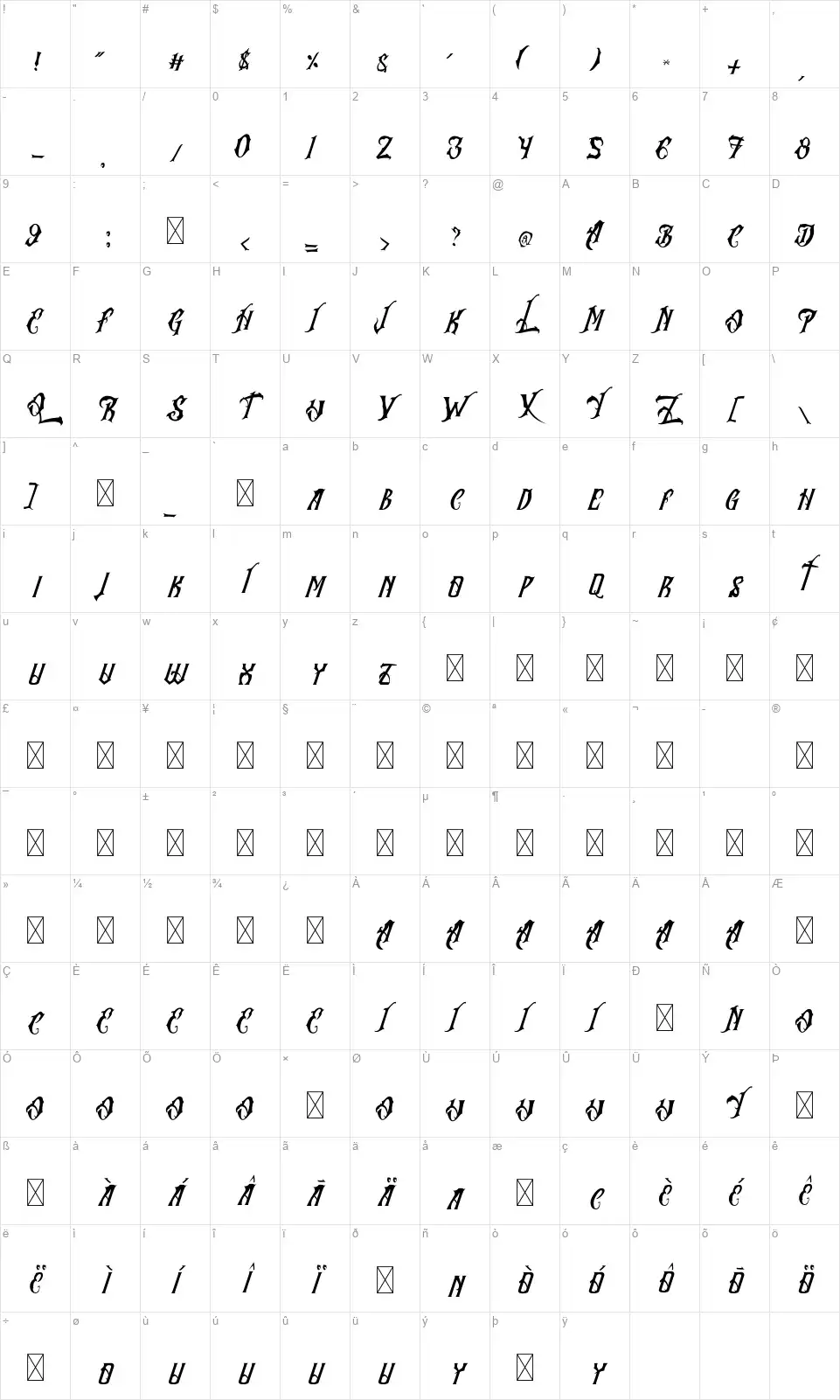 Rhymus Queenfont character map