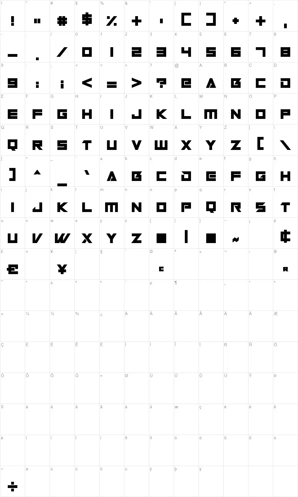 Robot Worldfont character map