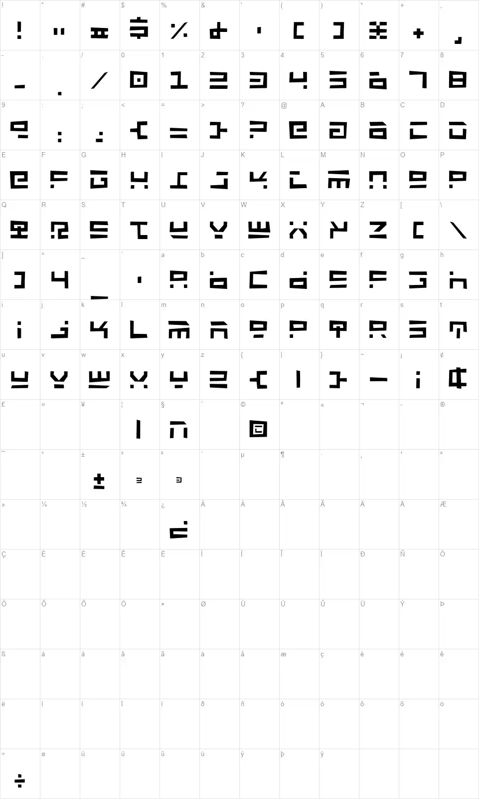 Rocket Typefont character map