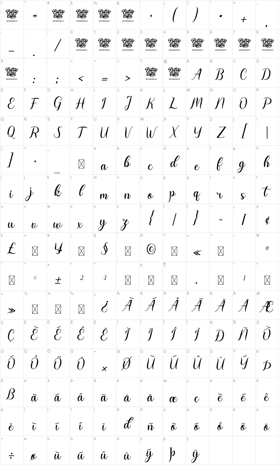 Romantic Datesfont character map