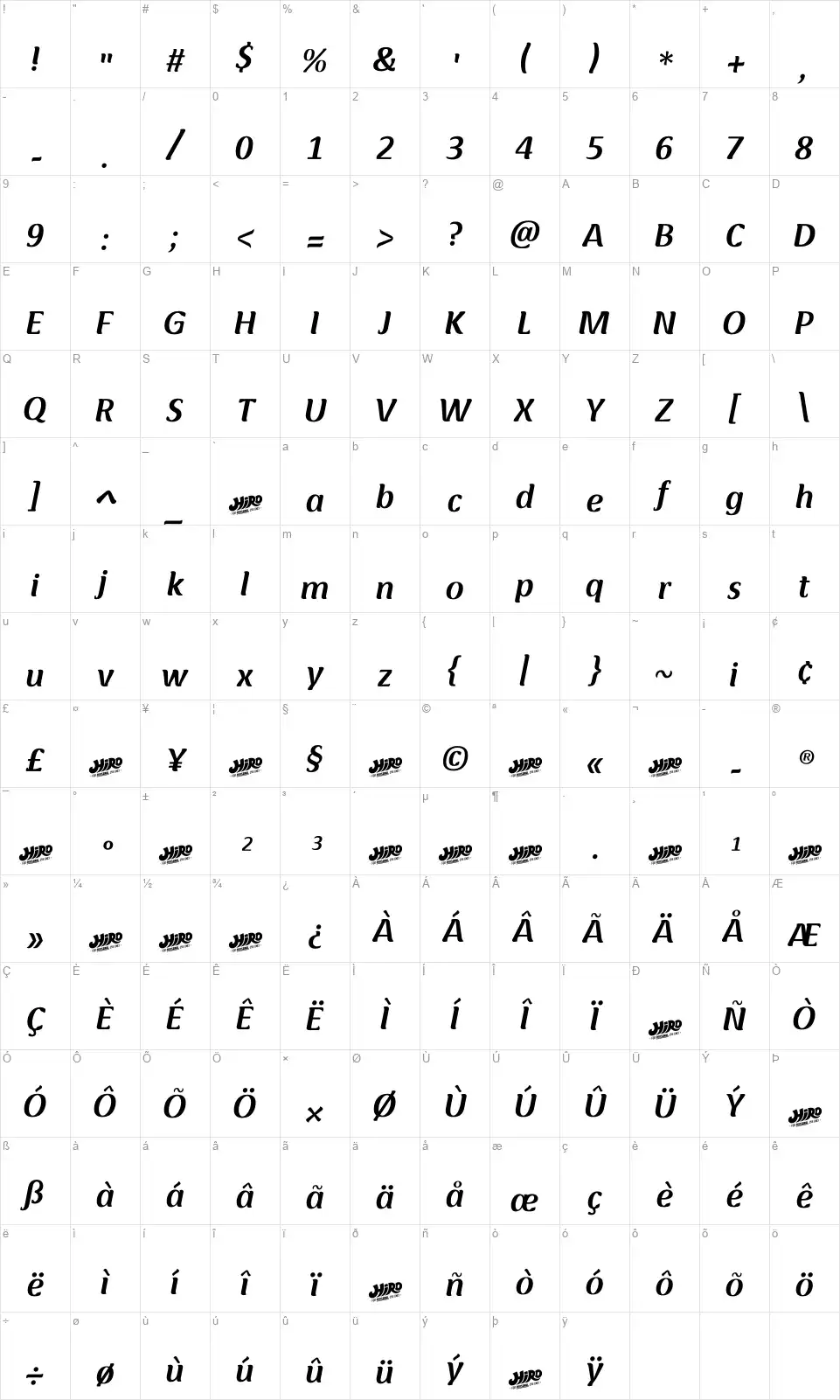Rootsfont character map