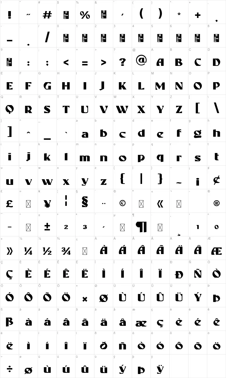 Rosefordfont character map