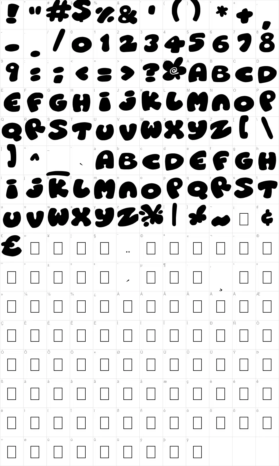 Roundish Toonsfont character map