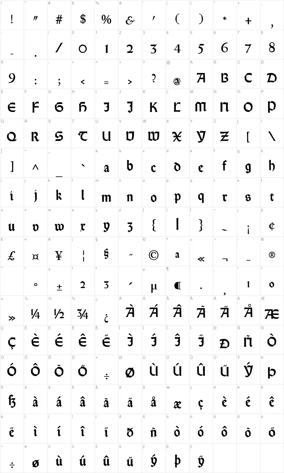 Rundgotisch Rauhfont character map