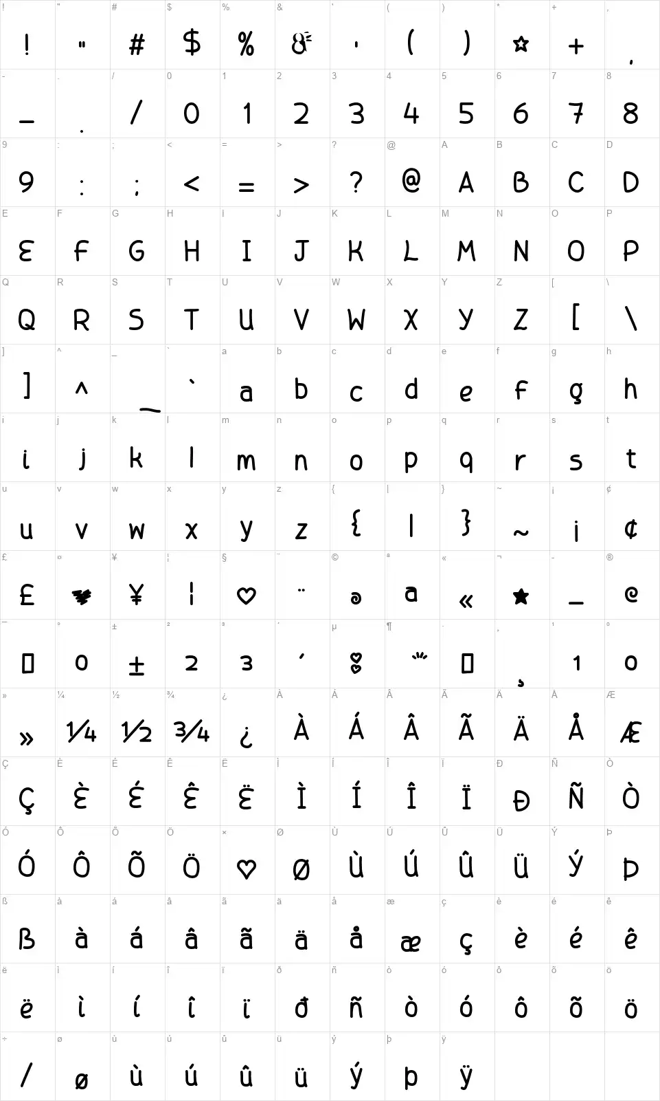 Rustic Love Tattoofont character map