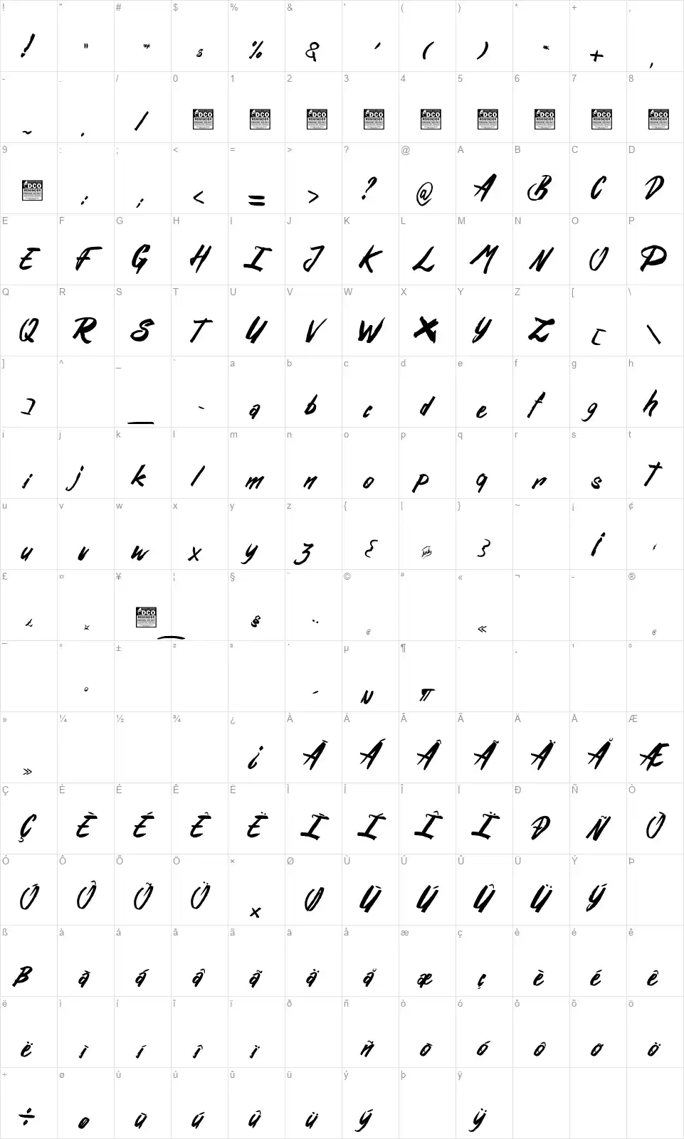 Rusty & Goshfont character map