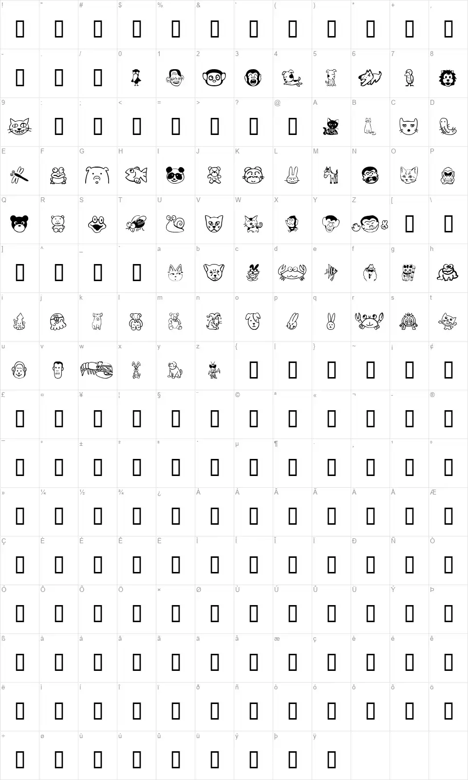 Sakabe Animal 01font character map