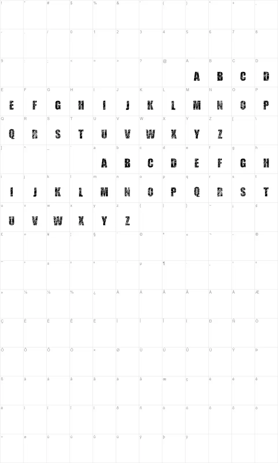 Scratched Lettersfont character map